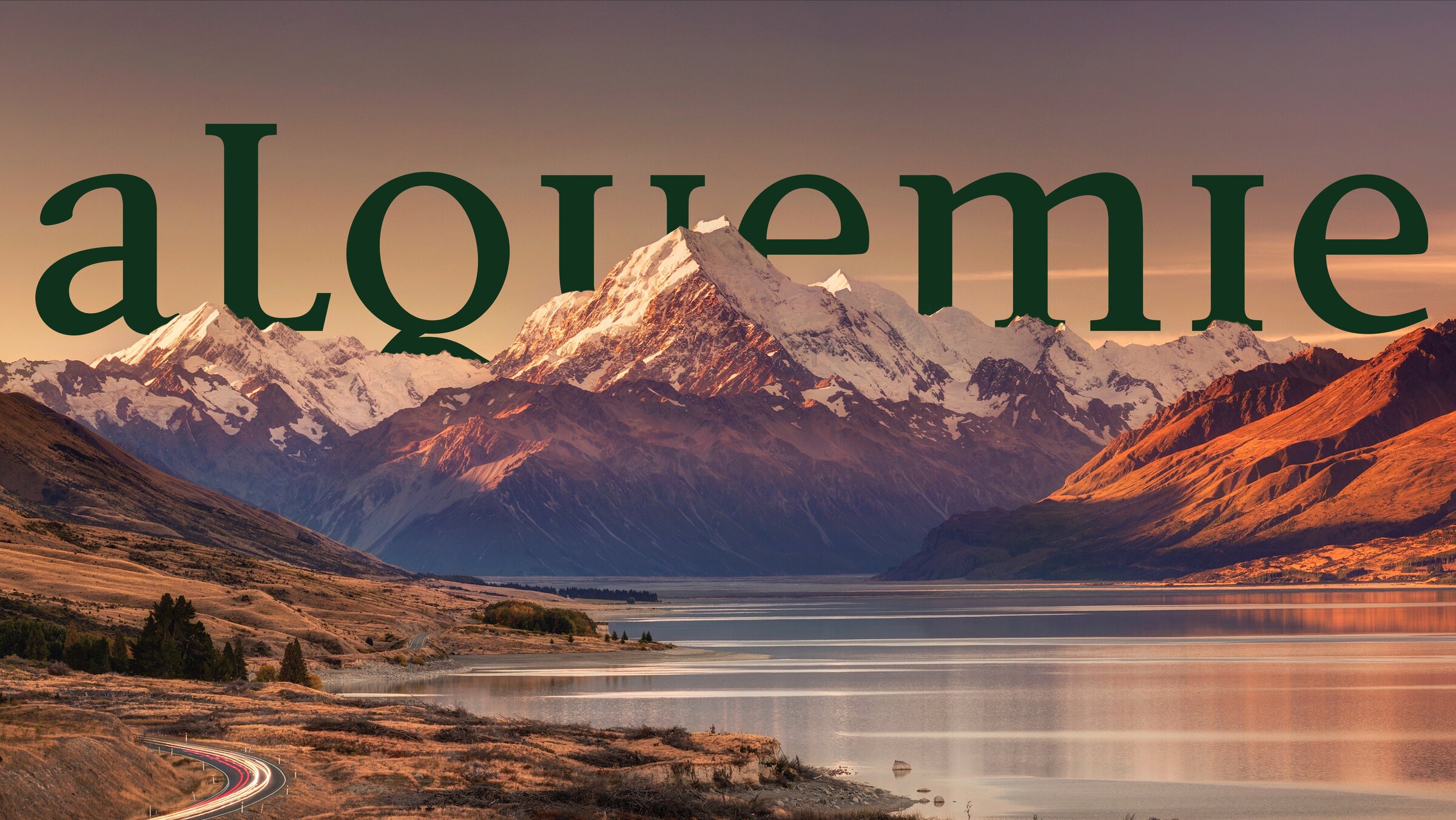The Alquemie wordmark over Aoraki / Mount Cook and Lake Pukaki at sunset