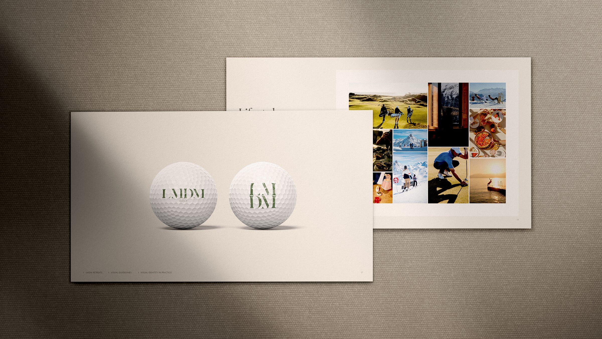 LMDM brand guidelines – the marks on golf balls, and the lifestyle imagery page