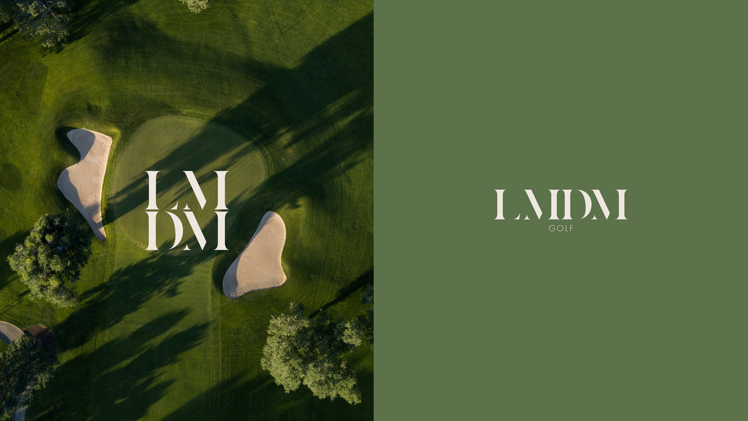 The stacked LMDM monogram over a golf course from above, beside LMDM Golf in Turf Green