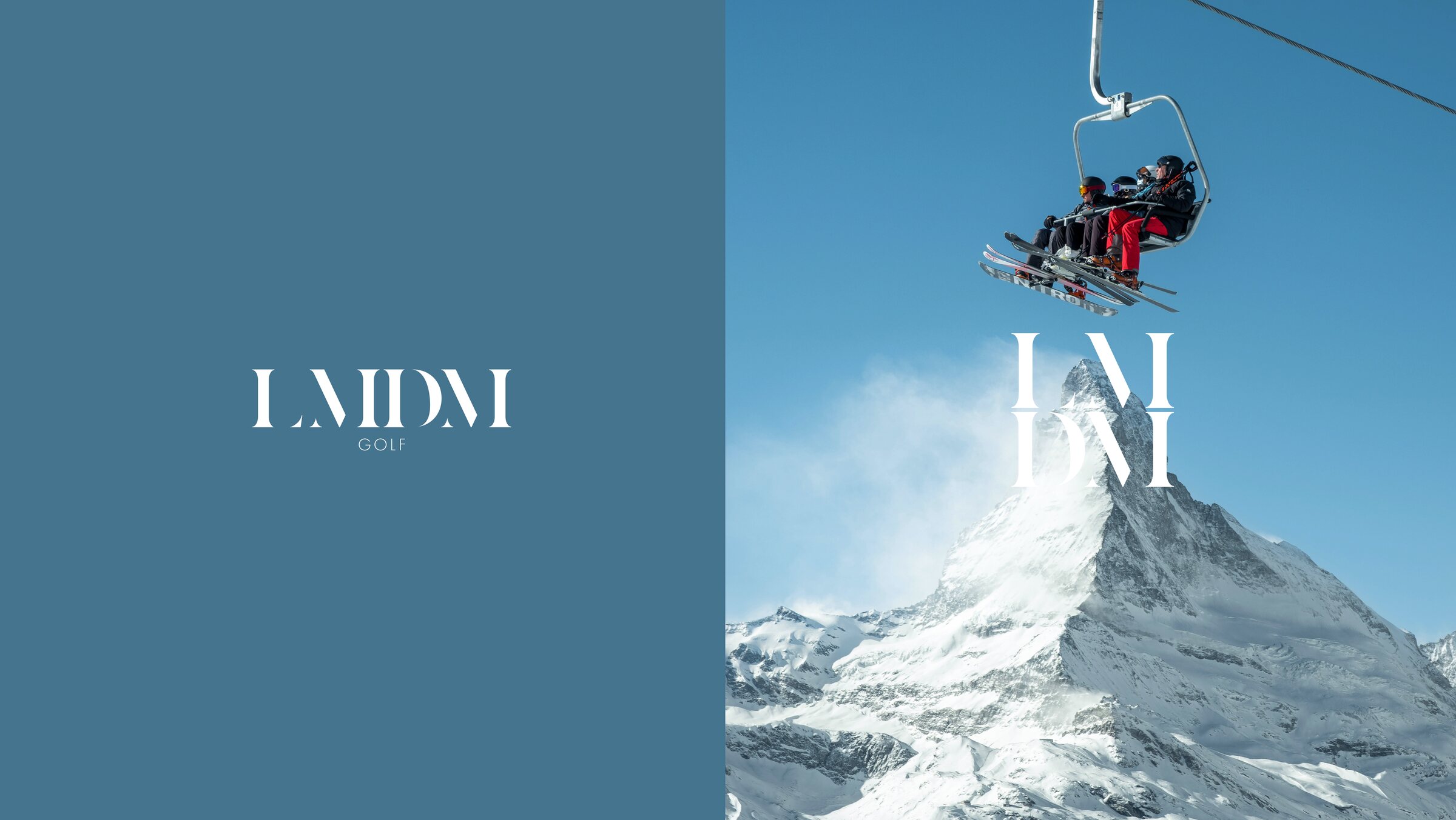 LMDM in Glacial Blue beside the stacked monogram over a snow peak and chairlift