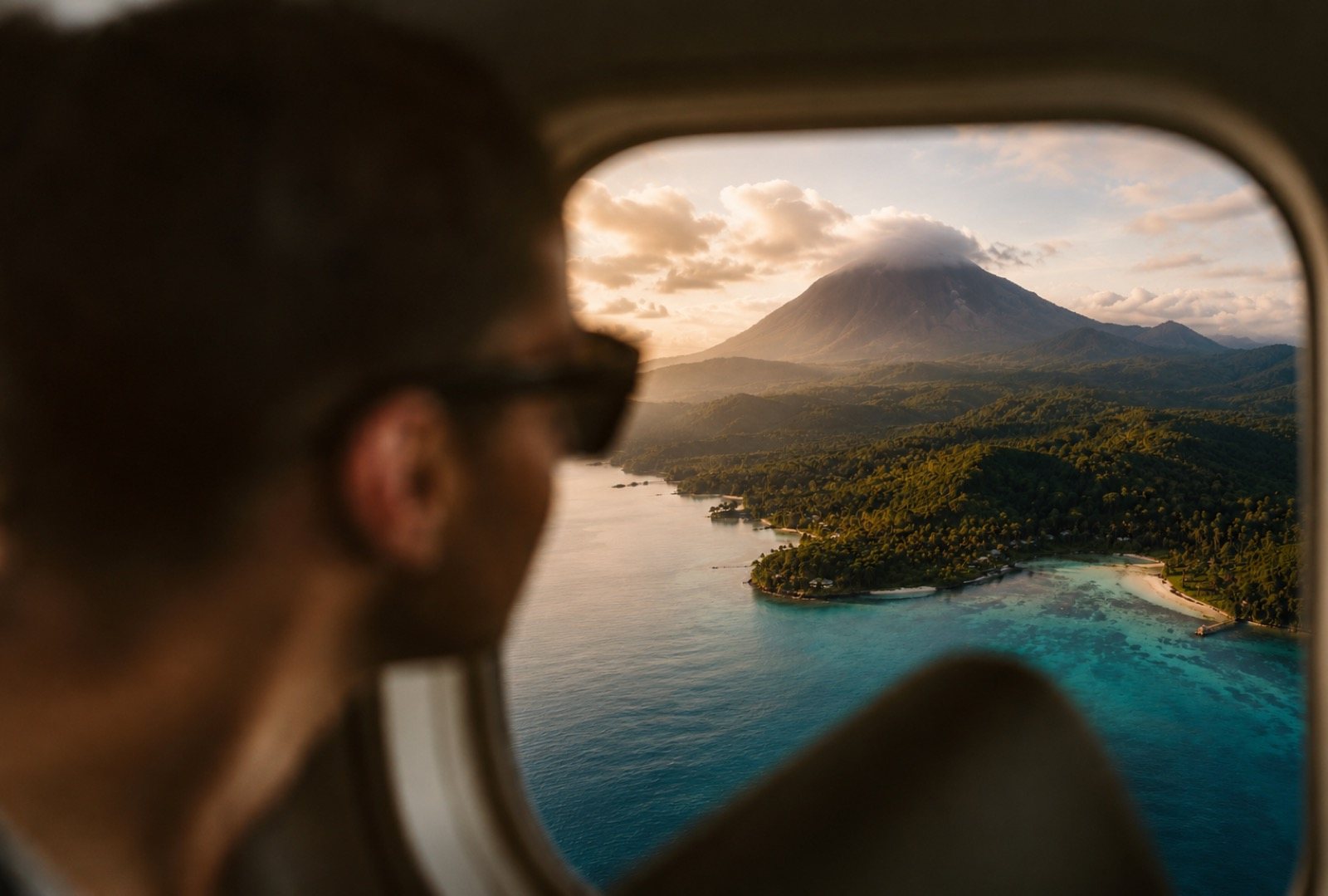 View from an Odisi seaplane window over islands and a volcano