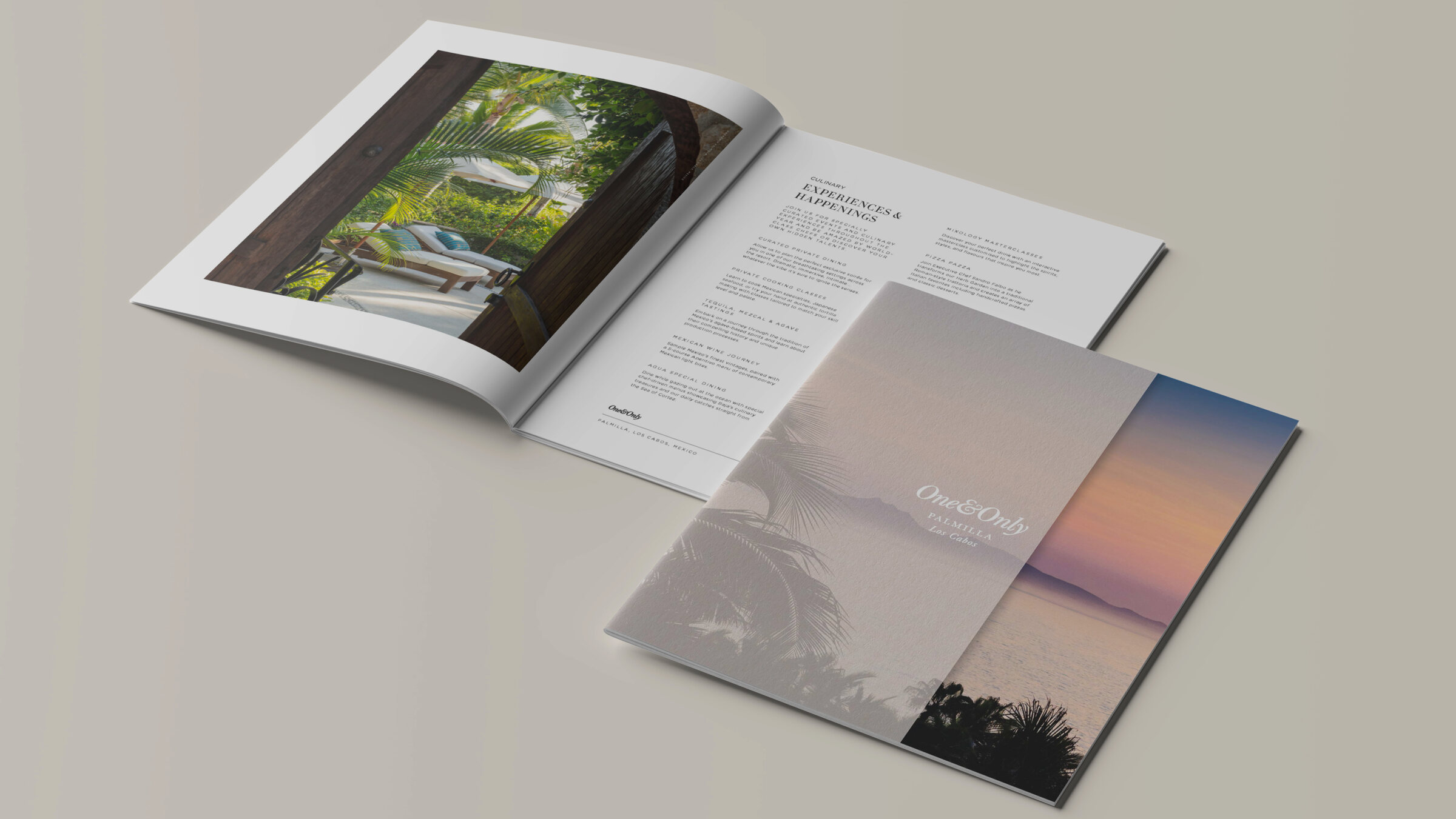 A brochure open on walnut – a guest on a colonnade beside the spread Resonating with our audience