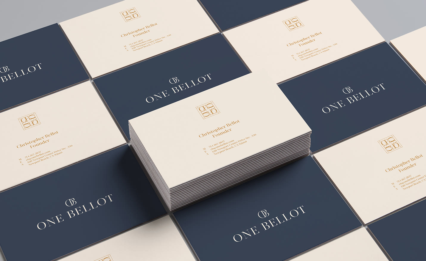 One Bellot business cards in navy and cream