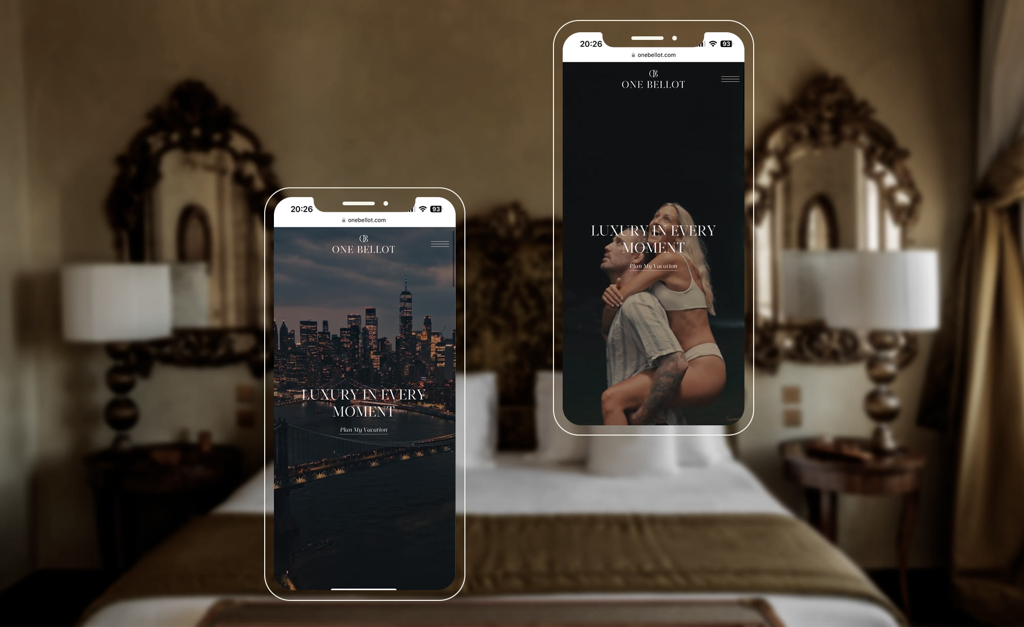 Two phone screens of the One Bellot website over a hotel bedroom