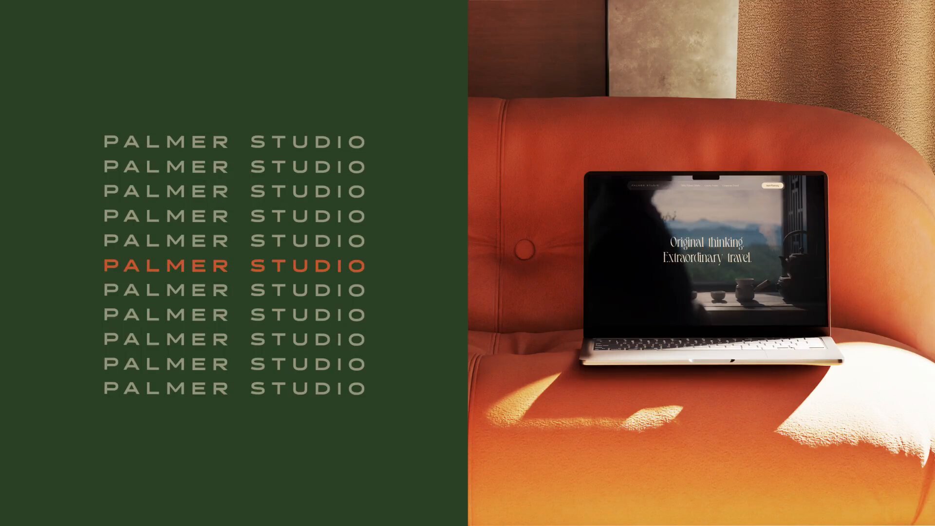 The Palmer Studio website on a laptop beside the stacked wordmark on deep green