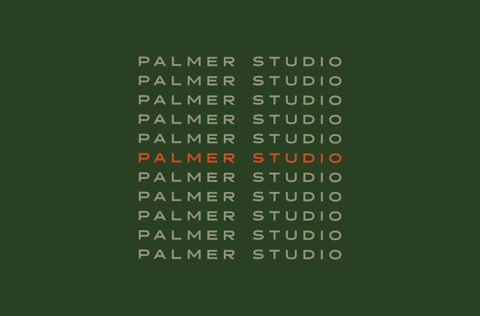 The Palmer Studio wordmark repeated in cream on deep green, one line in terracotta