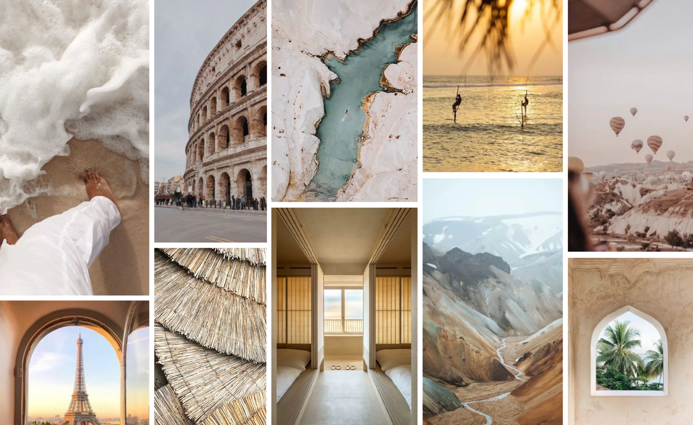 The Sevven Travel art direction board – ten travel images in sand, stone and soft teal