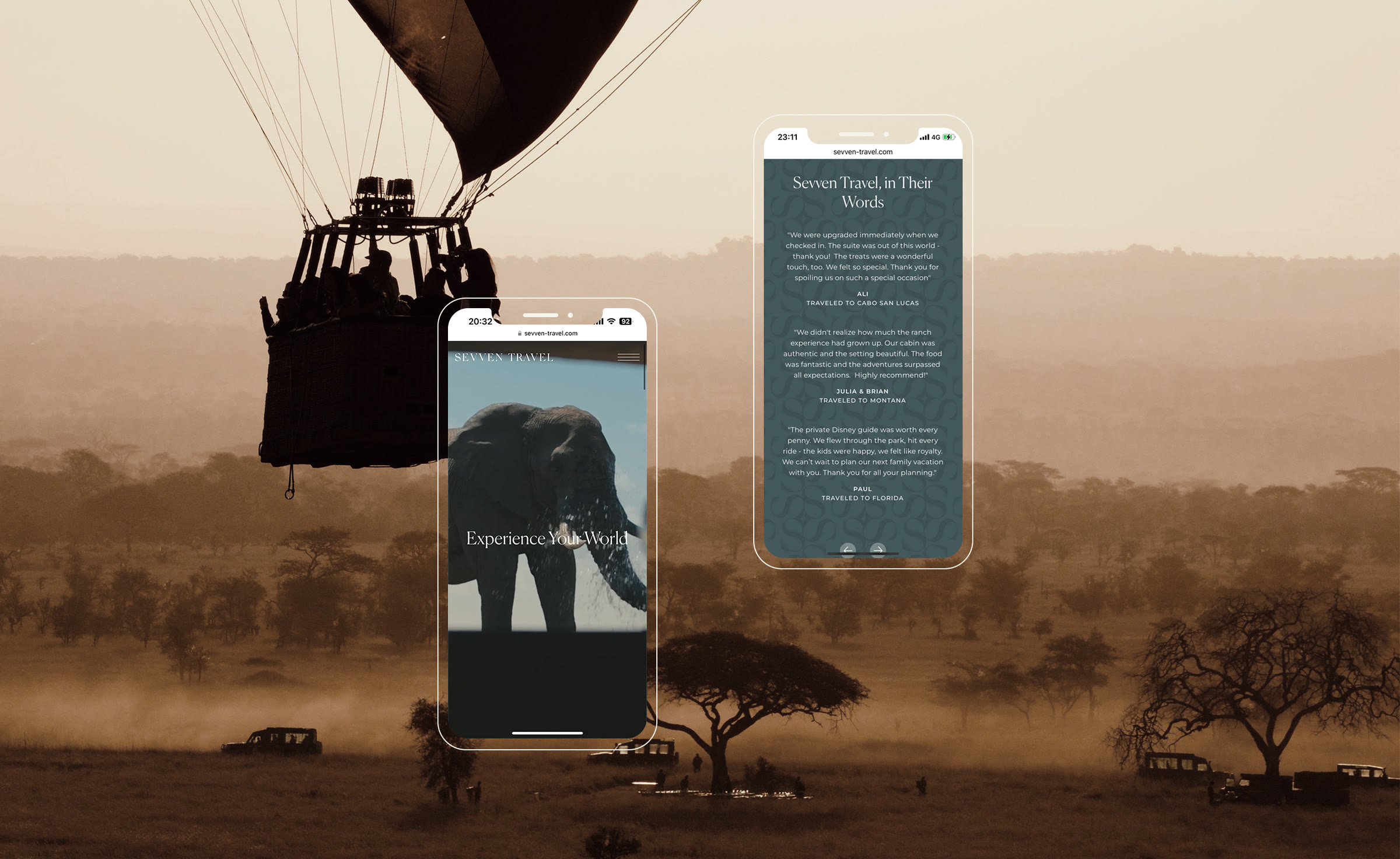 Two phone screens of the Sevven Travel website over a hot-air balloon at dawn