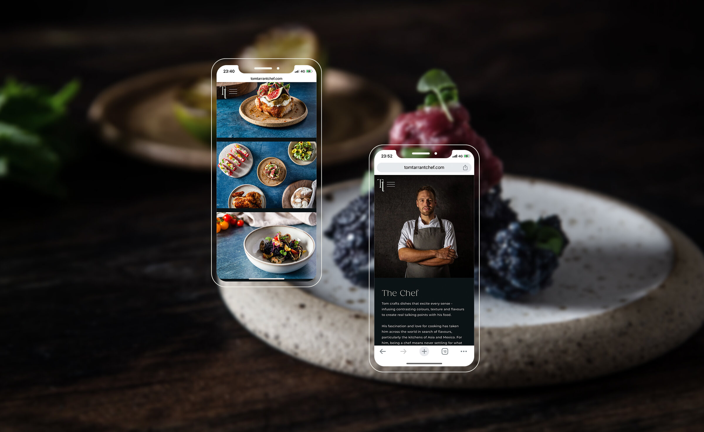 Two phone screens of the website over a plated dish