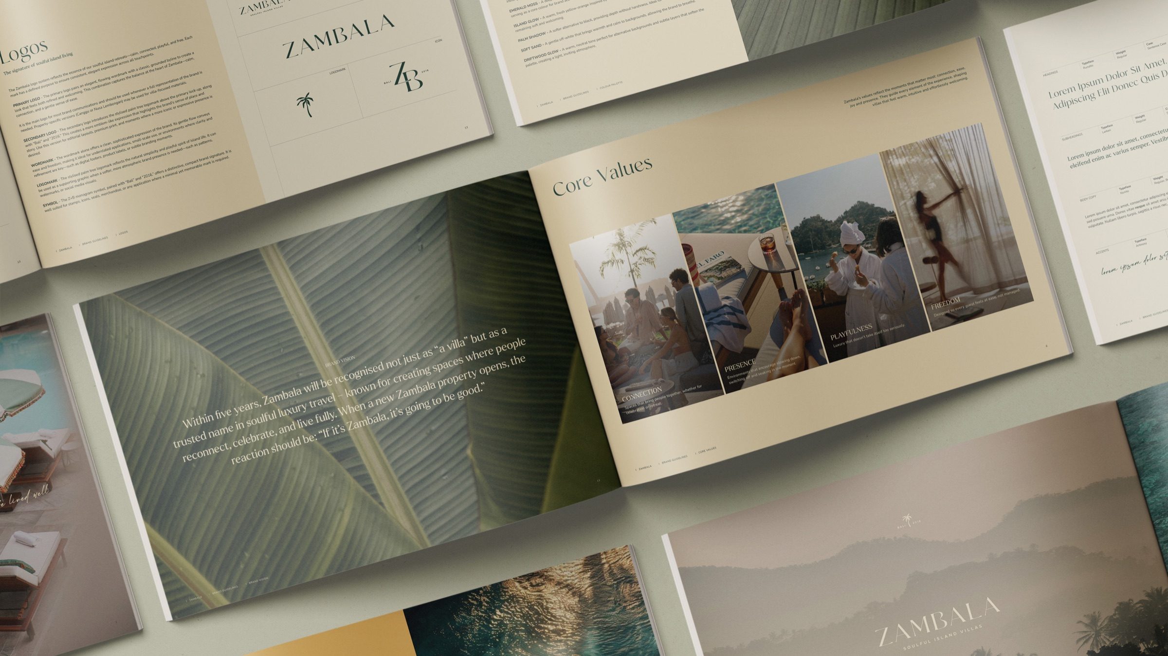 Zambala brand guidelines spreads laid out