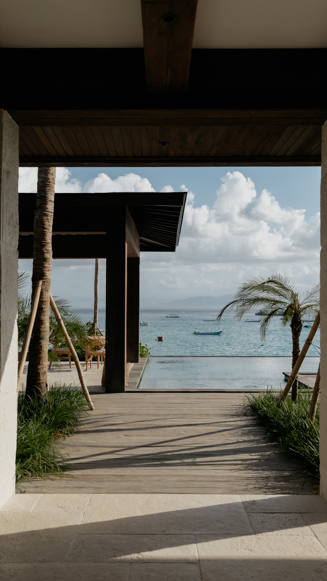 The villa pavilion at Zambala, looking out through the palms to the sea