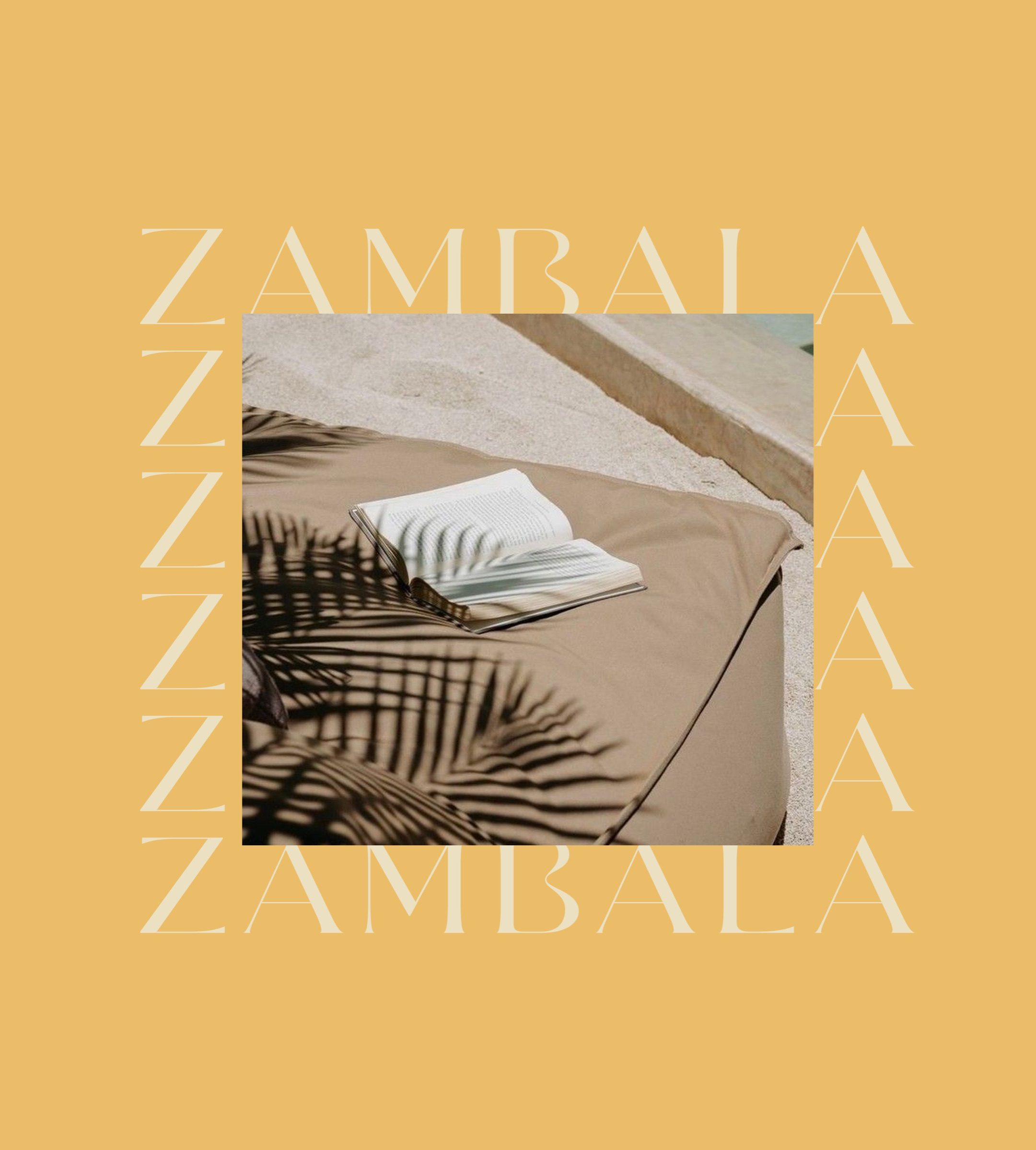 The Zambala wordmark repeated on yellow, a beach scene inset
